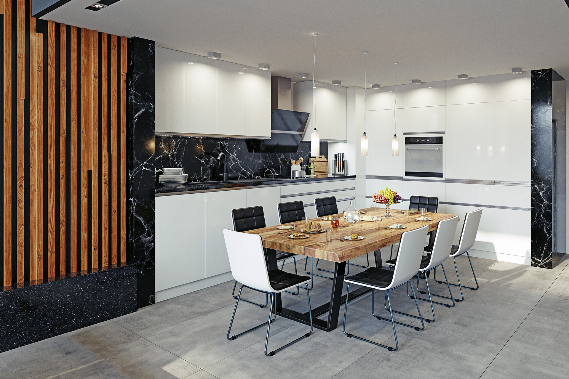 Offene Küche mit weißem Hochglanz-Design, Marmorpaneelen und Essbereich mit Holztisch und schwarzen Stühlen.