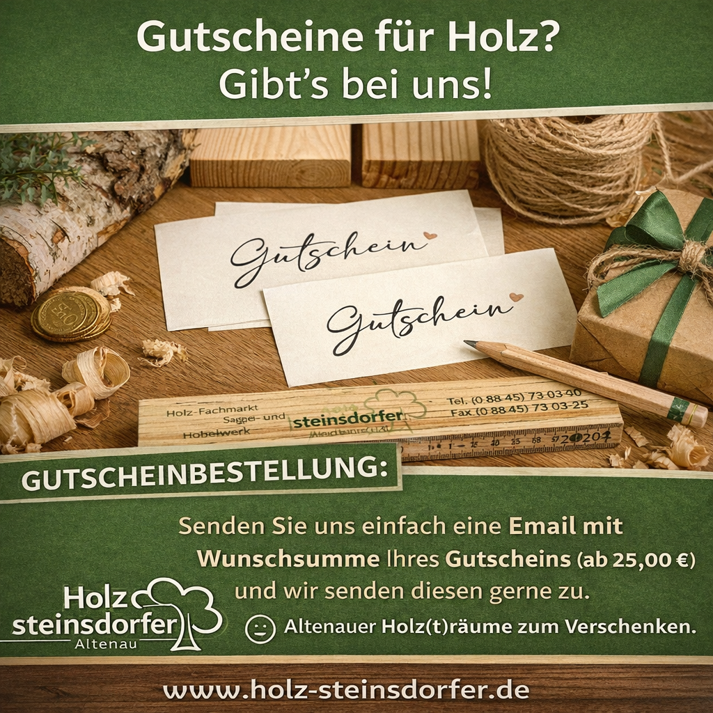 Bild Anzeige Gutscheine bestellen bei Holz Steinsdorfer und Holz(t)räume verschenken - mit KI erzeugt