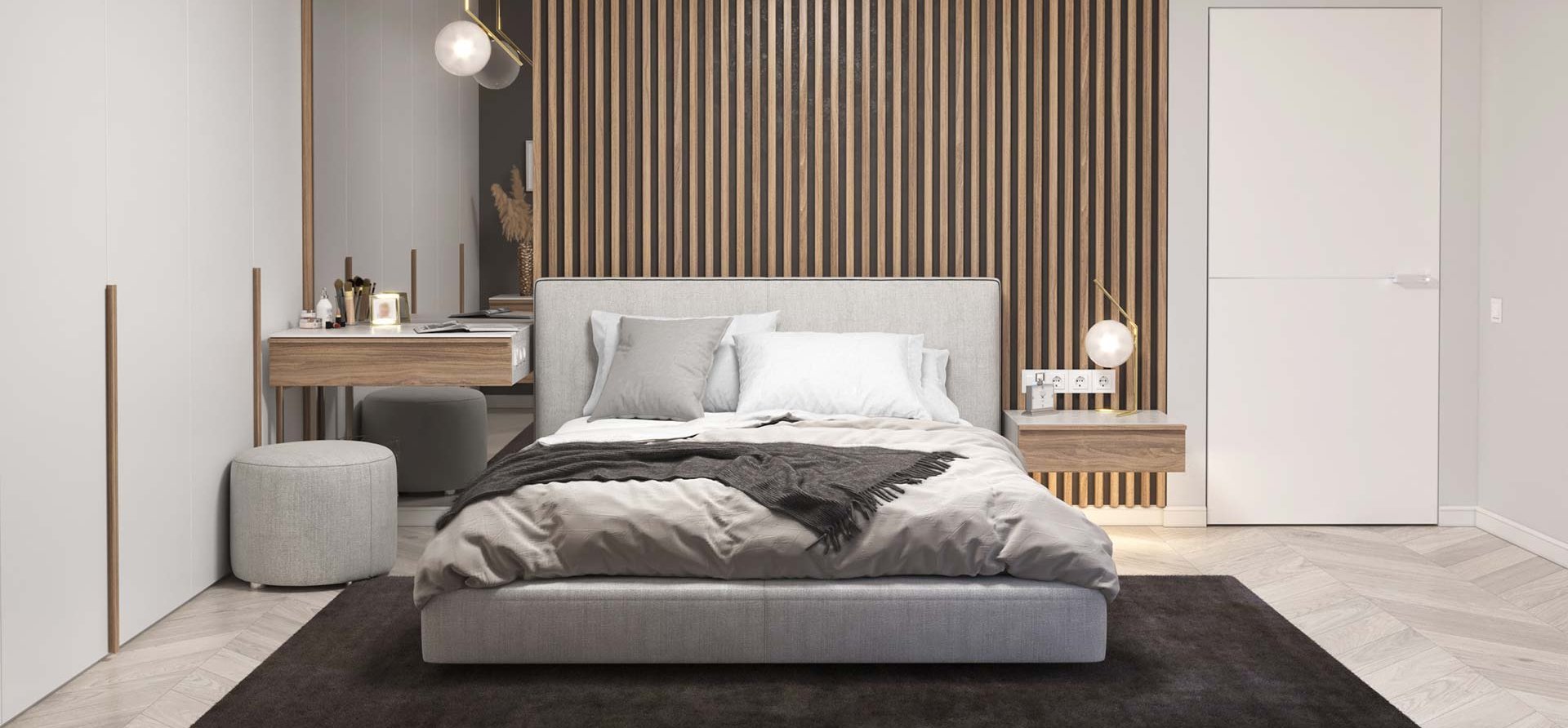 Ein modernes helles Schlafzimmer mit hellbraunen Akustikpaneelen hinter dem Bett an der Wand