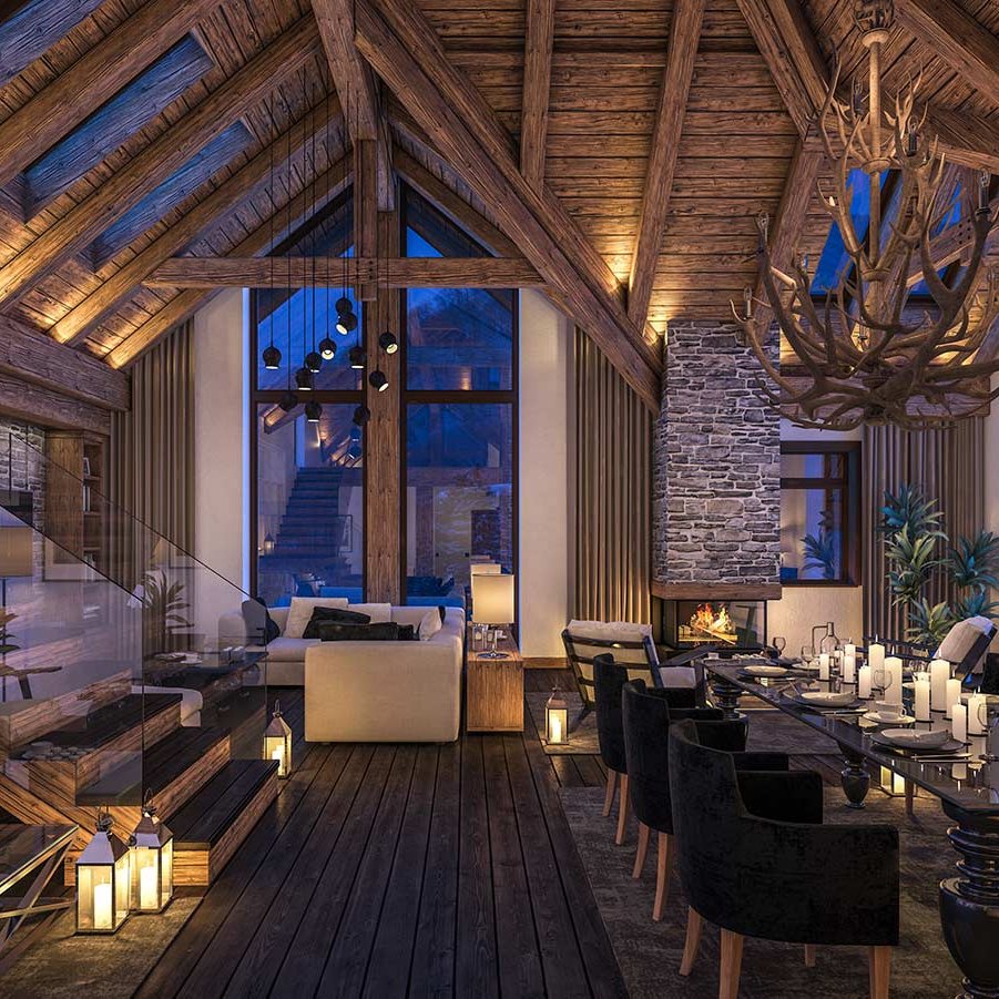 Rustikale Holzdecke mit sichtbaren Balken im Chalet-Stil